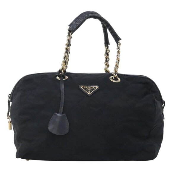 PRADA Chain Shoulder Bag Nylon Navy Gold Auth bs24456